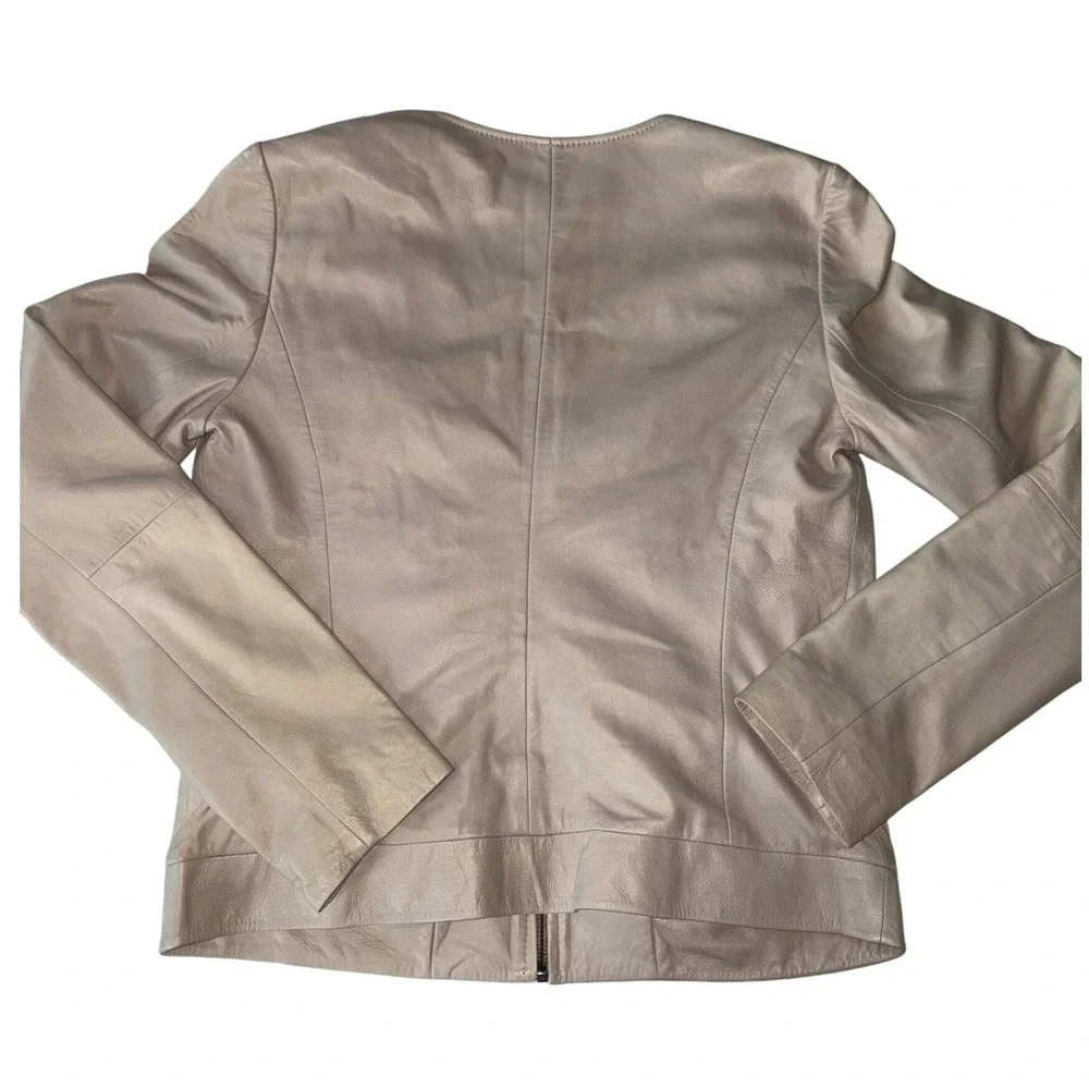 Hinge Genuine Leather Jacket M Beige Tan Woven Braided Zip Collarless Moto Luxe - Picture 6 of 6